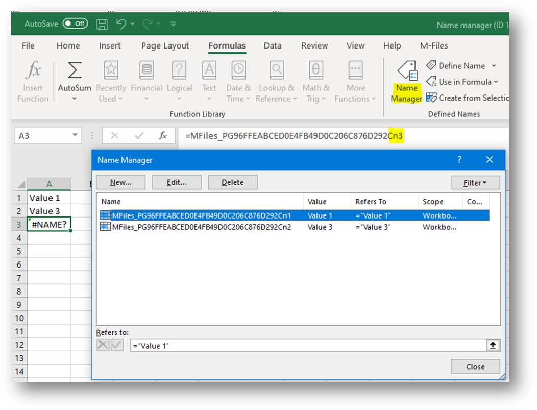 Excel Name Manager and linked properties in template files