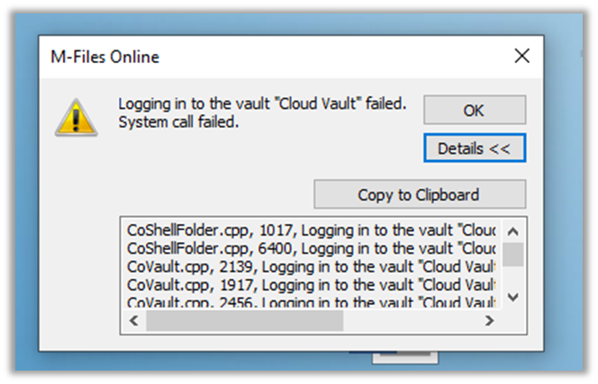 Logging in to the Vault Failed or System Call Failed