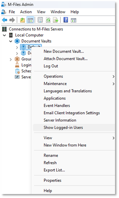 M-Files Admin: Show Logged-In Users gives Access Denied -error