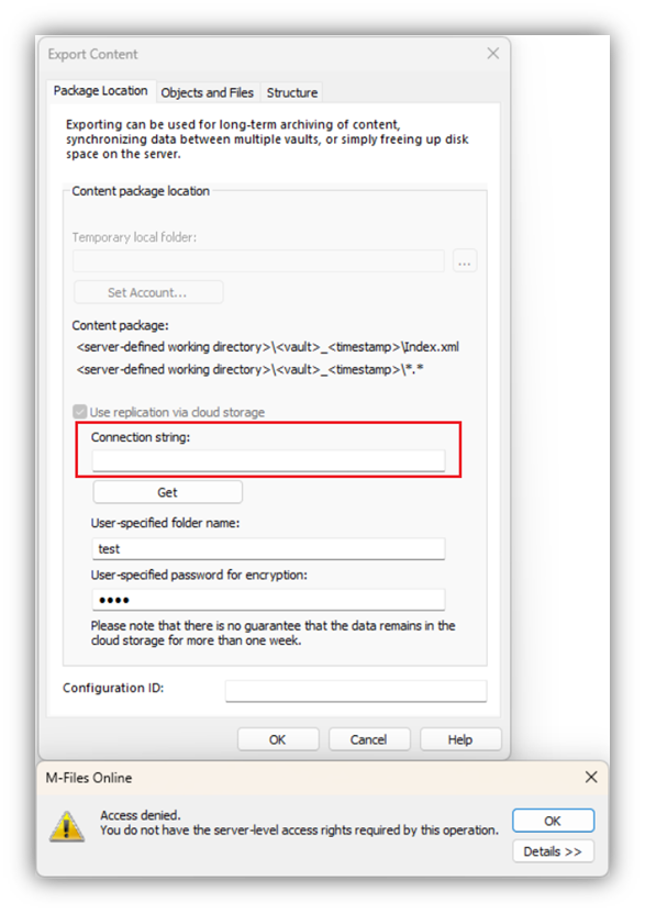M-Files replication export error when exporting without connection ...