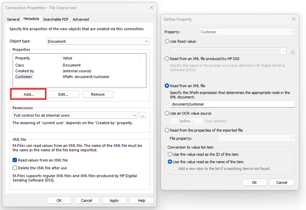 Example of setting metadata from XML file when using external file ...