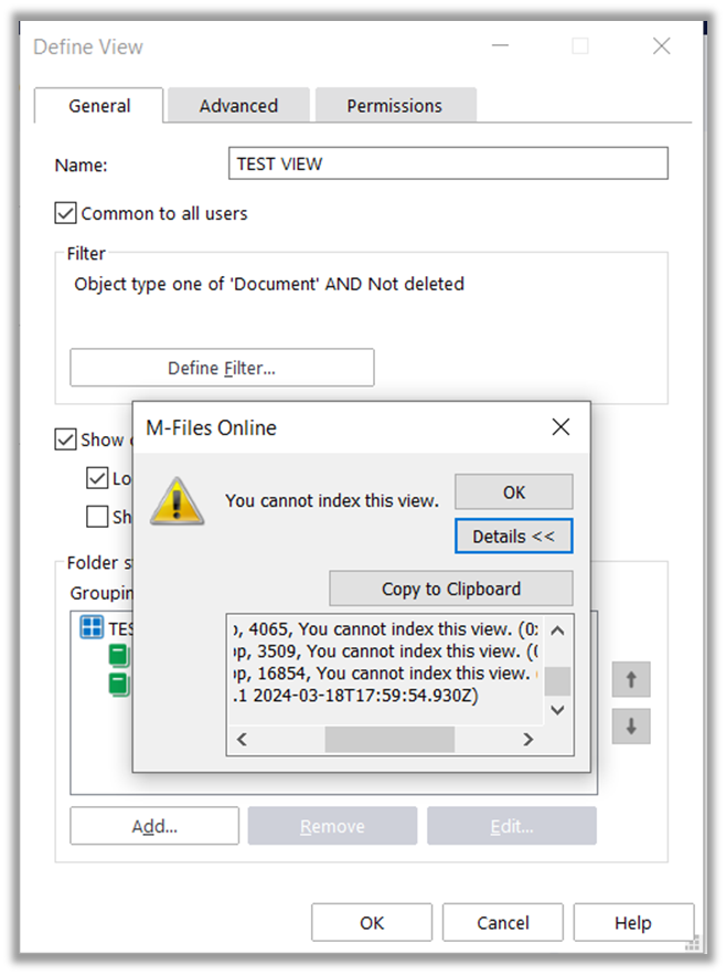 "Modifying View Failed" Error When Attempting to Index View