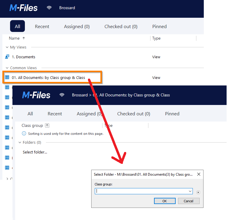 Select folder prompt when opening a view with grouping on M-Files Desktop