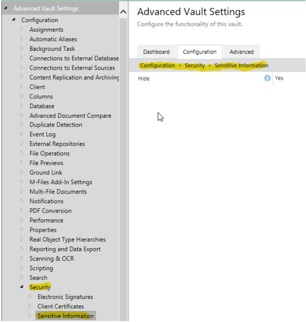 Hide Sensitive information setting in M-Files Admin