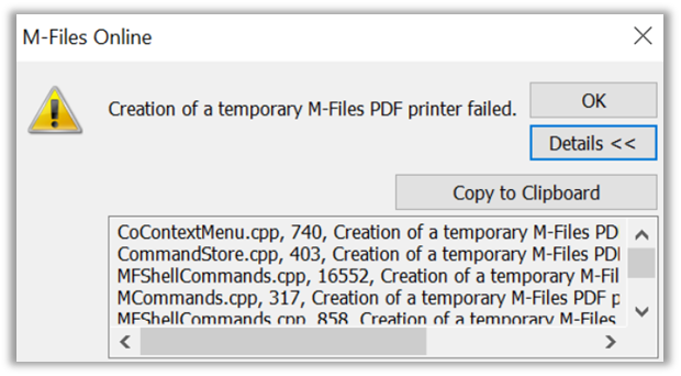 Creation of Temporary M-Files PDF Printer Failed Error